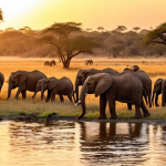 **

A vast African savanna at golden hour. A large herd of elephants peacefully grazes near a river in Kahuzi-Biéga National Park, Zambia. Colorful birds fly overhead. Focus on the majestic beauty of the elephants and the serene landscape.

**