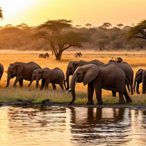 Home 4 **
A vast African savanna at golden hour. A large herd of elephants peacefully grazes near a river in Kahuzi-Biéga National Park, Zambia. Colorful birds fly overhead. Focus on the majestic beauty of the elephants and the serene landscape.
**