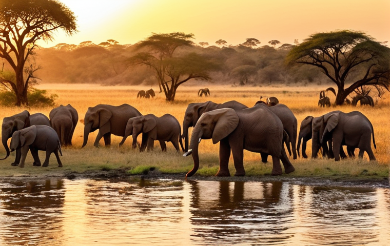 **
A vast African savanna at golden hour. A large herd of elephants peacefully grazes near a river in Kahuzi-Biéga National Park, Zambia. Colorful birds fly overhead. Focus on the majestic beauty of the elephants and the serene landscape.
**